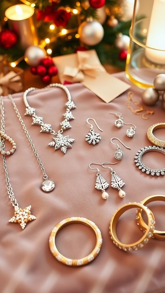 Elegant Jewelry for Christmas Party Outfits Elegant jewelry pieces including necklaces, earrings, and bracelets on a velvet background with holiday decorations.